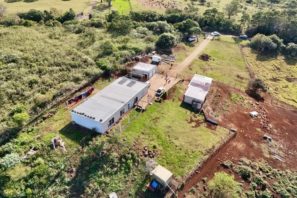 Aerial view of a farm property featuring a main dwelling, multiple outbuildings, fenced paddocks, and a gravel driveway set within a rural landscape.