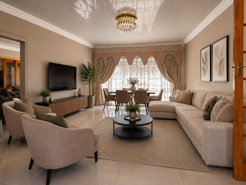 Spacious open-plan living and dining area featuring elegant crown molding, polished tile flooring, and a sophisticated crystal chandelier, creating a bright and inviting atmosphere.