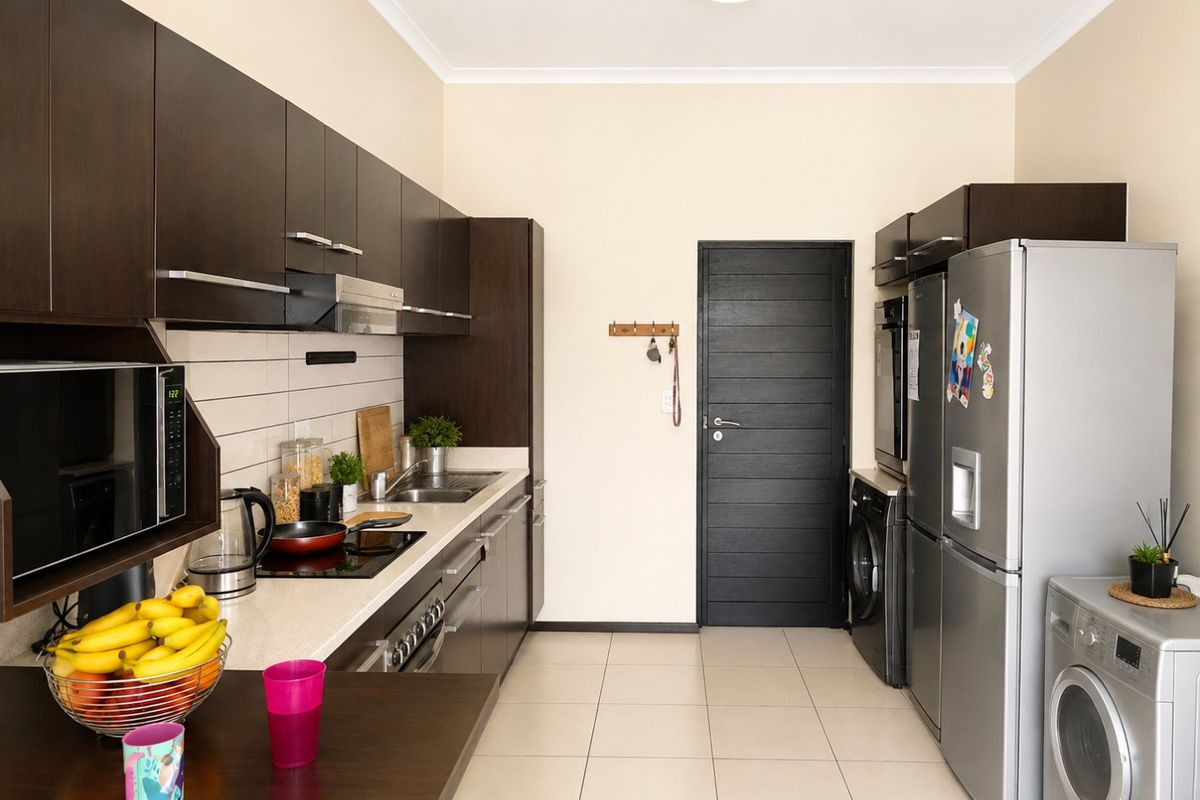 A functional kitchen featuring dark wood cabinetry, stone countertops, subway tile backsplash, and integrated appliances with tiled flooring.