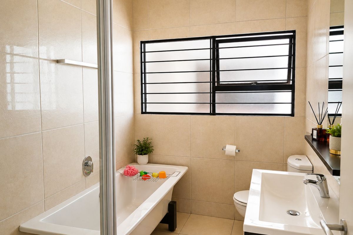 A well-maintained bathroom featuring a bathtub, vanity basin, toilet, and neutral tiled finishes with a secure window.