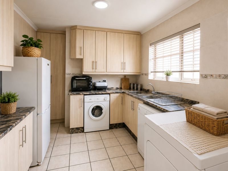 A functional laundry room featuring light wood-finish cabinetry, laminate countertops, a stainless steel sink, and tiled flooring with a window for natural light.