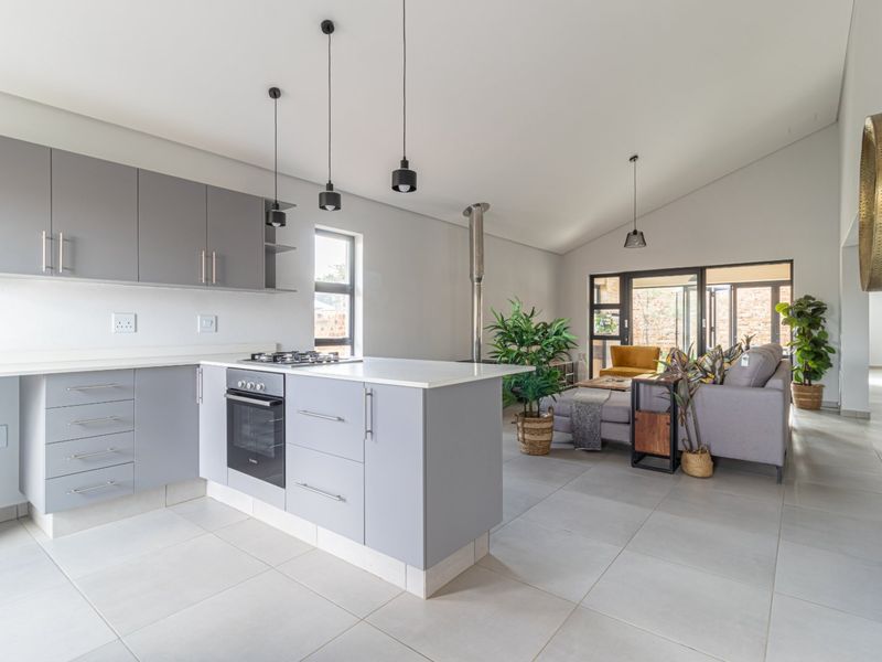 Modern open-plan living area featuring a sleek kitchen with grey cabinetry, gas hob, built-in oven, and a cozy fireplace, flowing into a bright lounge space.