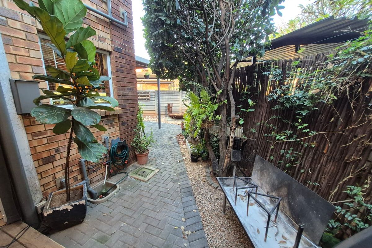 A side courtyard area featuring brick walling, paved pathways, and gravel landscaping, enclosed by timber screen fencing.