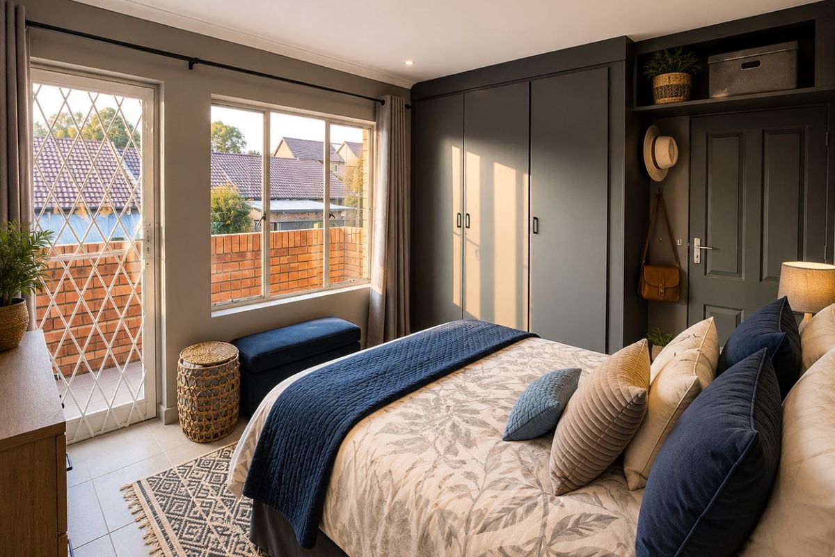 A well-maintained bedroom featuring built-in cupboards, tiled flooring, recessed lighting, and direct access to a private balcony through a secure door.