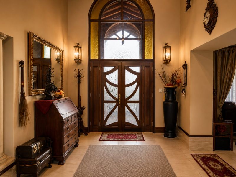 Grand entrance foyer featuring a double wooden door with decorative glass panels, an arched transom window, and elegant wall-mounted lighting fixtures.