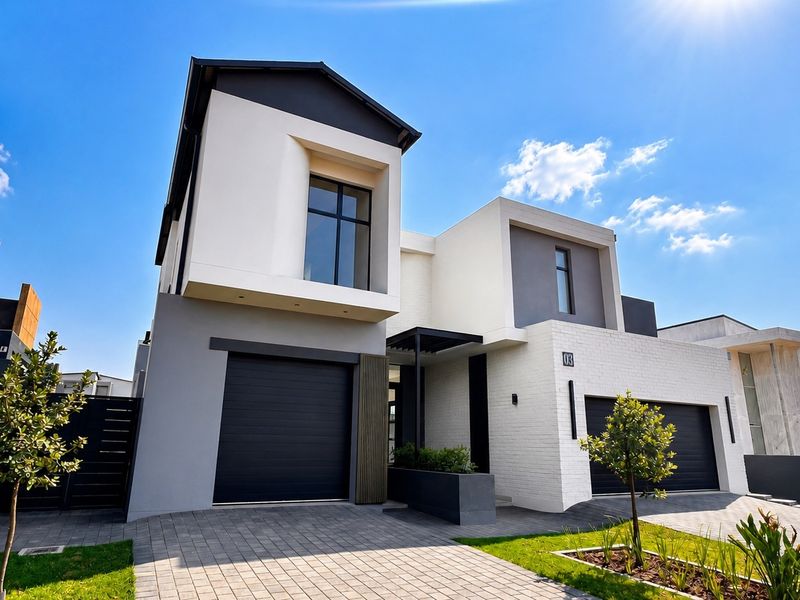 A modern double-story residential facade featuring a clean architectural design, paved driveway, and integrated double garage.