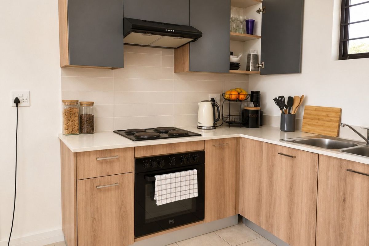 Modern kitchen featuring light wood-grain cabinetry, dark grey upper cabinets, stone countertops, integrated oven, and electric hob with a tiled backsplash.