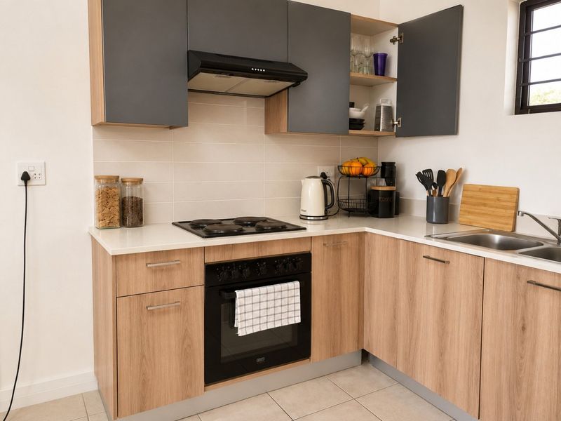 Modern kitchen featuring light wood-grain cabinetry, dark grey upper cabinets, stone countertops, integrated oven, and electric hob with a tiled backsplash.