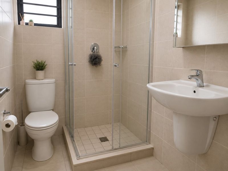 A clean and functional bathroom featuring a glass shower enclosure, pedestal basin, and neutral wall and floor tiling.