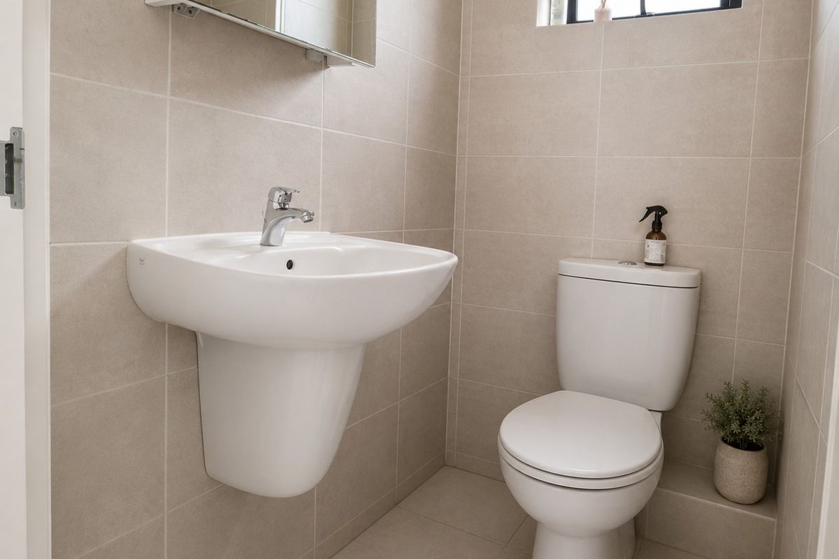 A clean, modern bathroom featuring a wall-mounted basin, a standard toilet, and neutral floor-to-ceiling tiling.