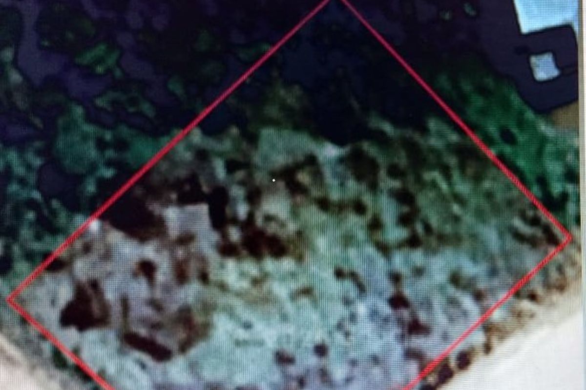 An aerial view of a vacant residential plot with property boundaries highlighted in red.