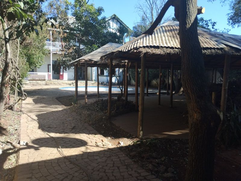 Outdoor pool area featuring a large swimming pool, paved pathways, and a rustic thatched gazebo structure in a garden setting.