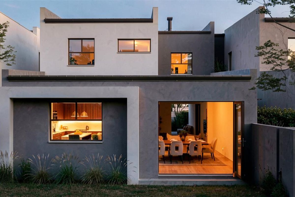 A modern rear elevation of a two-story house featuring contemporary plaster finishes, large bi-fold doors, and well-maintained exterior lighting.