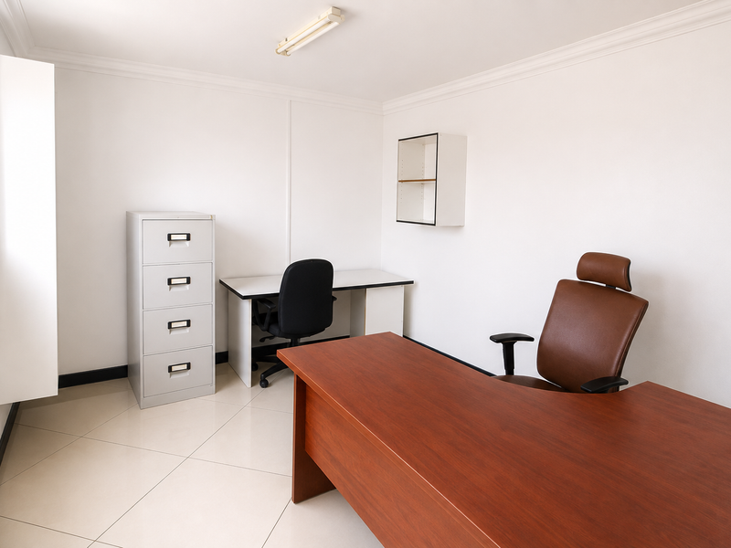 A functional home office space featuring neutral tiled flooring, clean white walls, and a wall-mounted storage shelf.