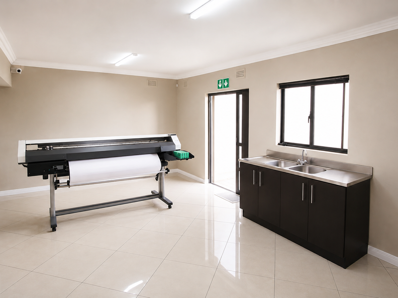 A clean utility space featuring tiled flooring, built-in cabinetry with a stainless steel sink, and direct access to an exterior exit.