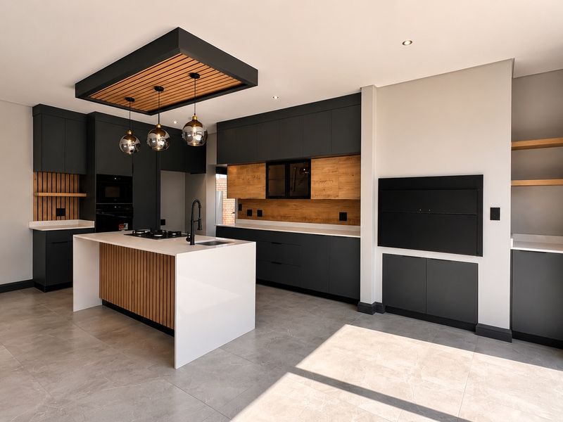 Modern, high-end kitchen featuring a central island, sleek dark cabinetry with wood accents, integrated appliances, and a built-in fireplace in an open-plan layout.