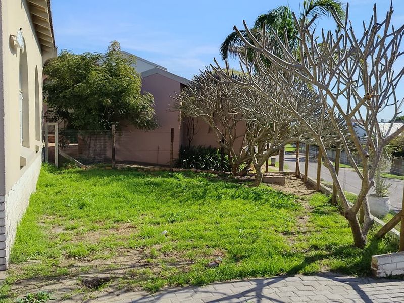 A side garden area featuring a patchy lawn, wire mesh fencing, and a paved walkway along the side of the house.