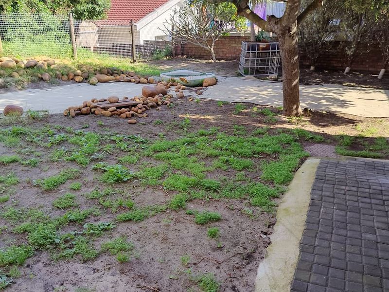 A rear garden area featuring a paved walkway, wire mesh fencing, and a brick boundary wall, currently requiring landscaping and maintenance.