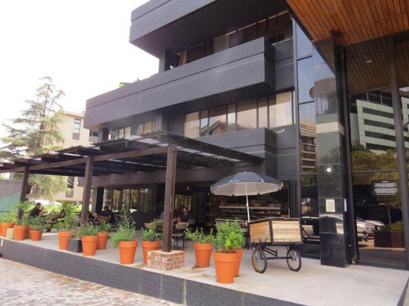 A modern outdoor patio area featuring a timber pergola, brick retaining wall, and large glass facade, providing a seamless transition to the building interior.