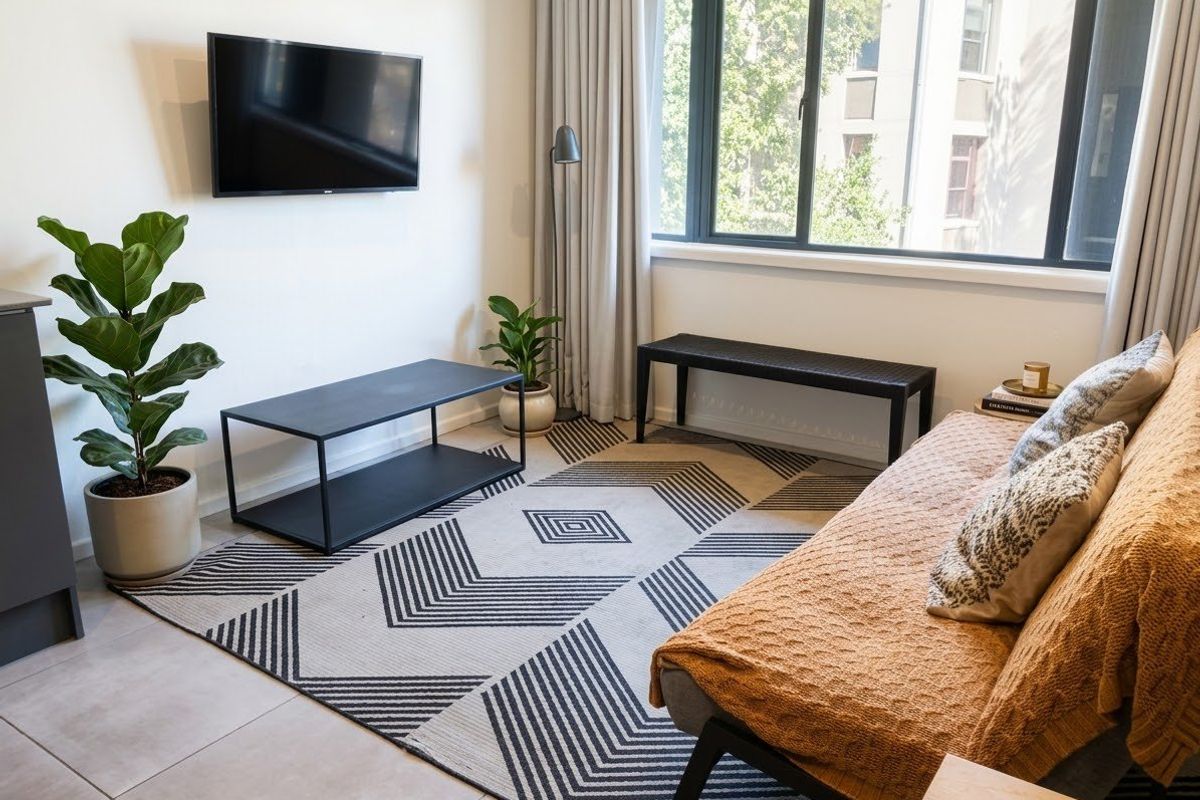 A bright and modern living room featuring large windows, neutral tiled flooring, and a wall-mounted television setup.