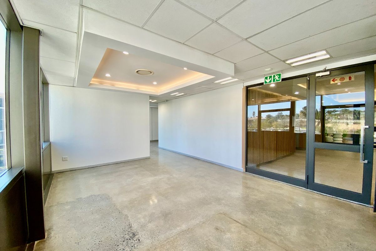 A bright, modern commercial entry space featuring polished concrete floors, a suspended ceiling with recessed lighting, and a glass partition door.