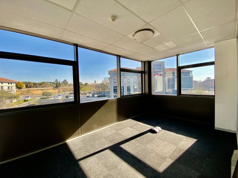 A bright, empty corner office space featuring large windows with natural light, carpeted flooring, and a suspended ceiling.