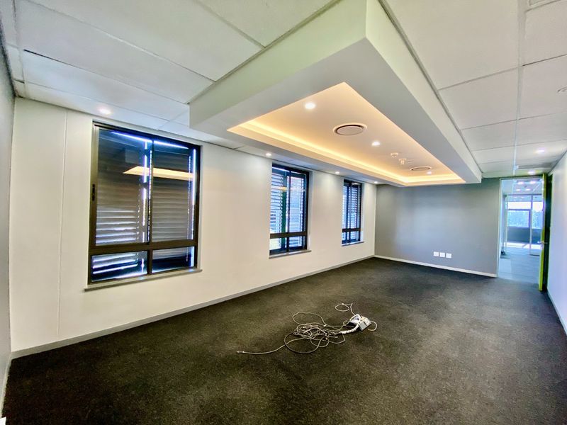 A bright, vacant commercial office space featuring a modern dropped ceiling with recessed lighting, dark carpeting, and large aluminium-framed windows.