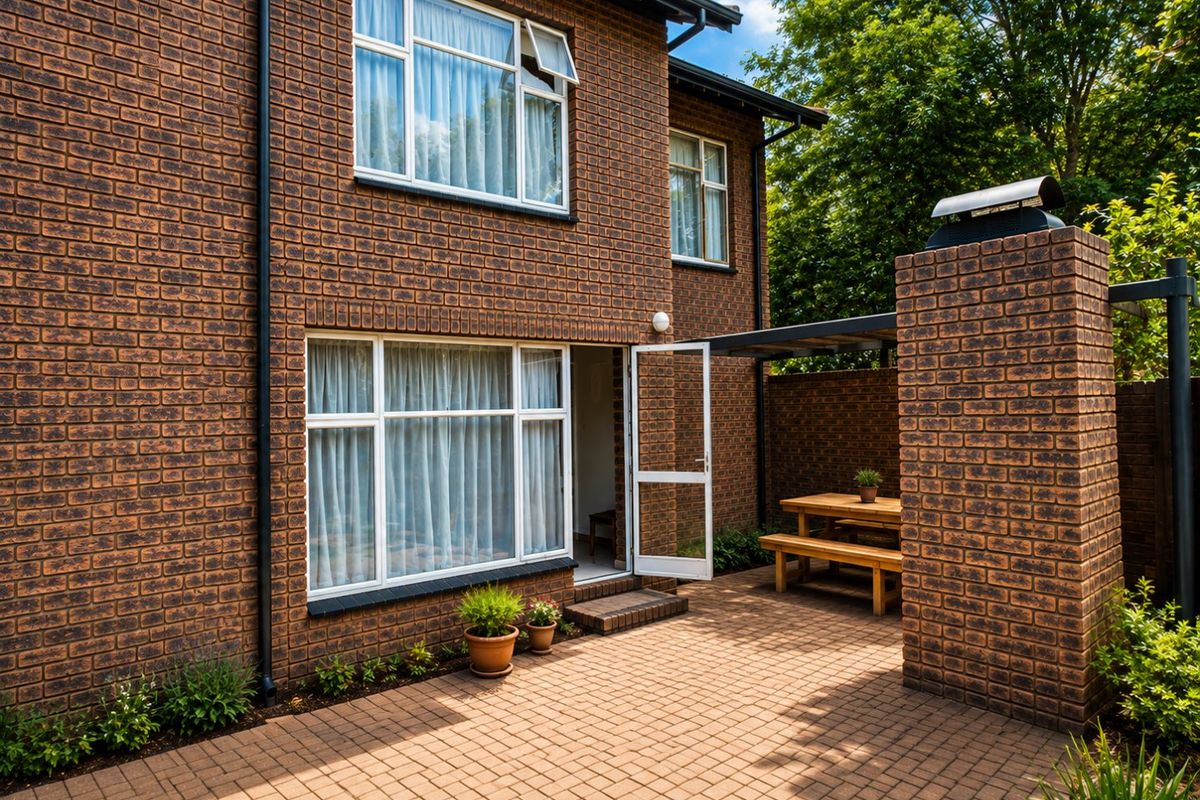 A well-maintained rear exterior view of a brick apartment building featuring a paved patio area and a prominent brick chimney stack.