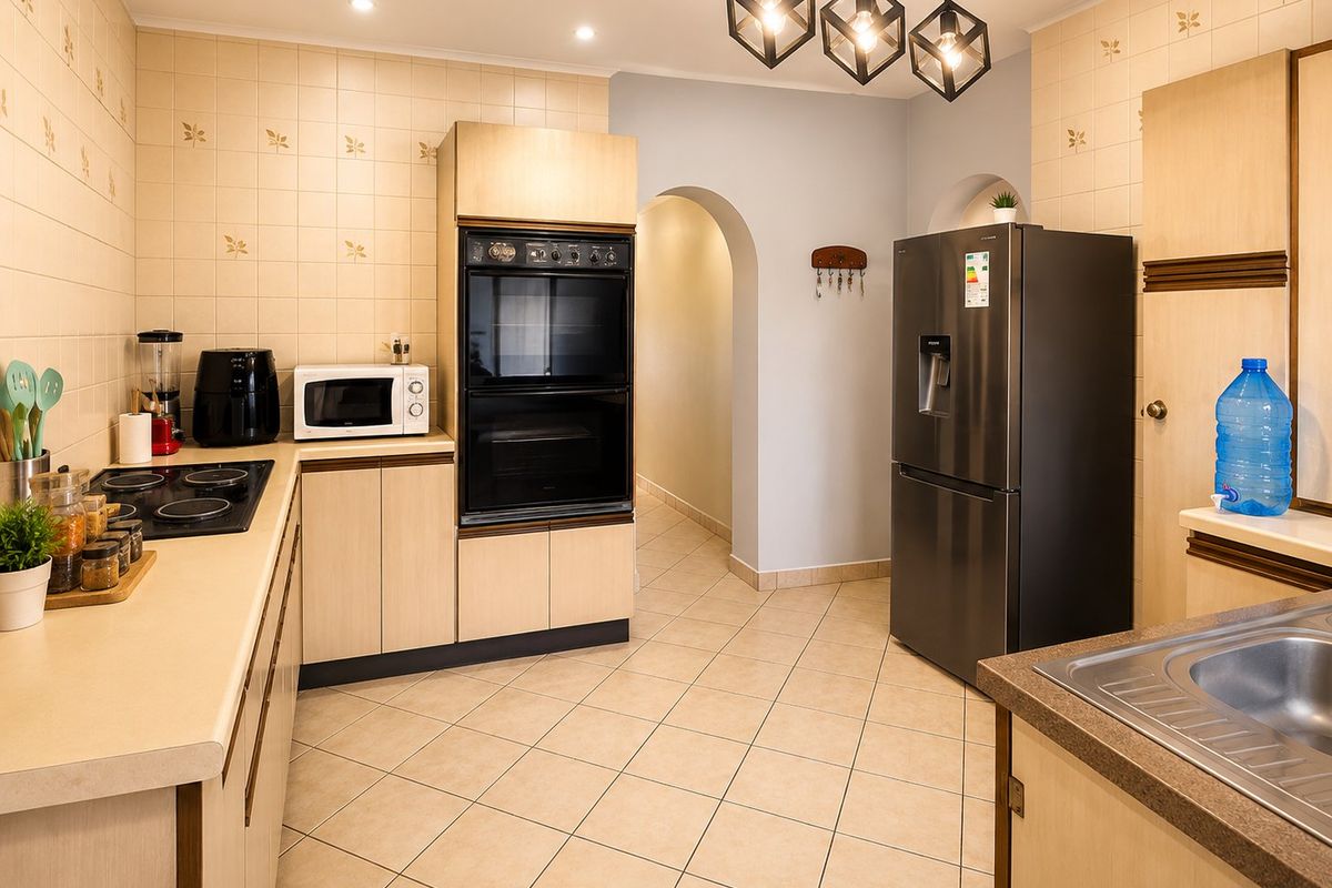 A functional kitchen featuring light wood cabinetry, tiled backsplash, built-in oven, electric hob, and a stainless steel sink with tiled flooring.