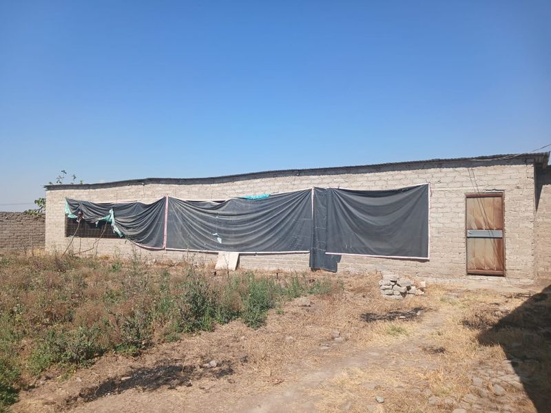 Rear view of a farm building featuring cinder block construction, a corrugated metal roof, and a timber entrance door.