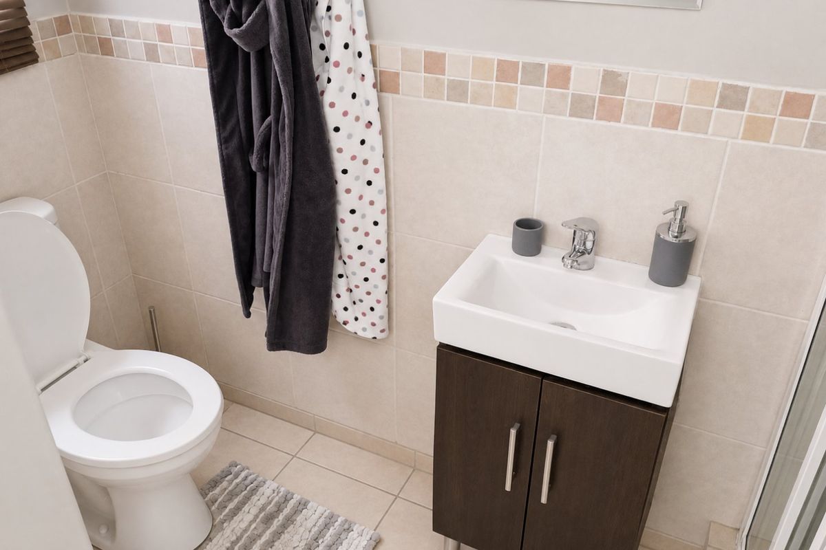A compact bathroom featuring a modern vanity cabinet with a ceramic basin, chrome mixer tap, and neutral wall tiling with a decorative mosaic border.
