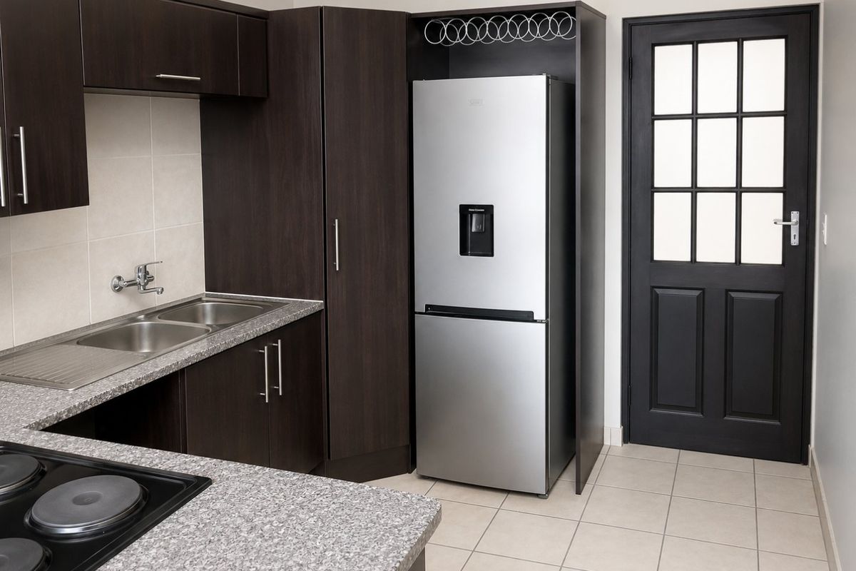 Modern kitchen featuring dark wood cabinetry, granite-look countertops, stainless steel sink, integrated wine rack, and tiled flooring with a classic paneled door.