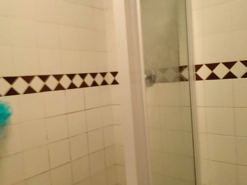 A functional bathroom featuring a shower enclosure with tiled walls and a decorative border.