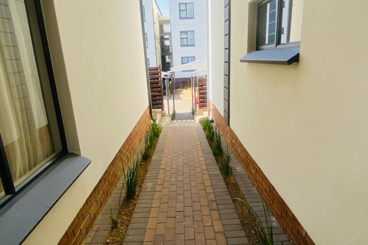 A narrow paved walkway between two residential building walls, featuring neat brick edging and integrated drainage.