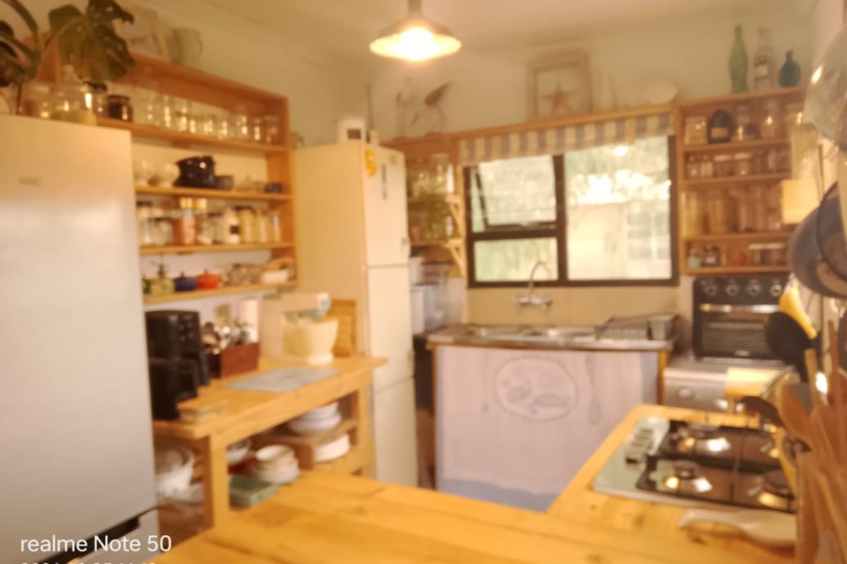 A rustic kitchen featuring wooden shelving, a gas hob, built-in oven, and a sink area with natural light.
