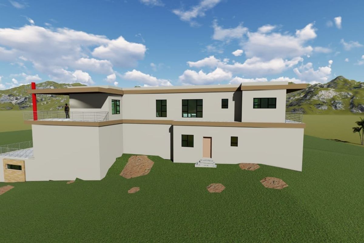 A 3D architectural rendering of the rear elevation of a modern two-story house featuring balconies and clean exterior finishes.