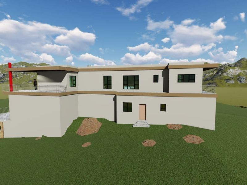 A 3D architectural rendering of the rear elevation of a modern two-story house featuring balconies and clean exterior finishes.