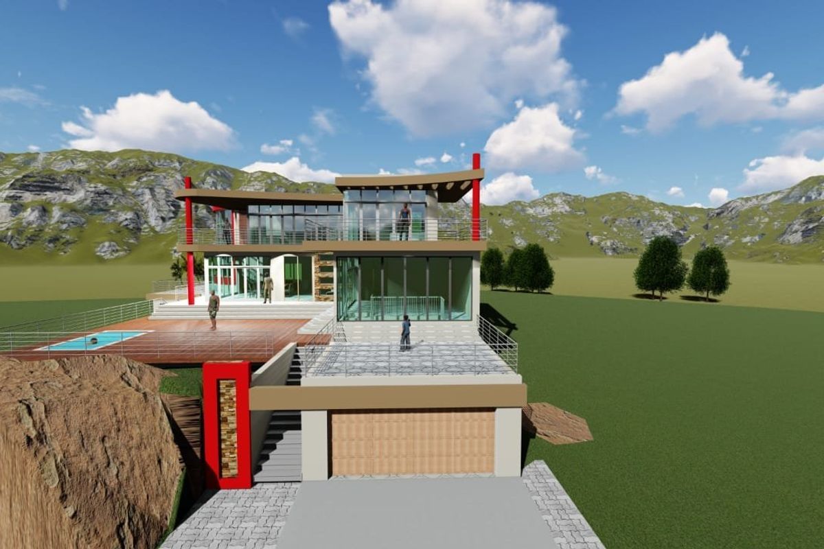 A 3D architectural rendering of a modern multi-level house featuring a swimming pool, expansive decking, and large glass windows set against a mountain landscape.