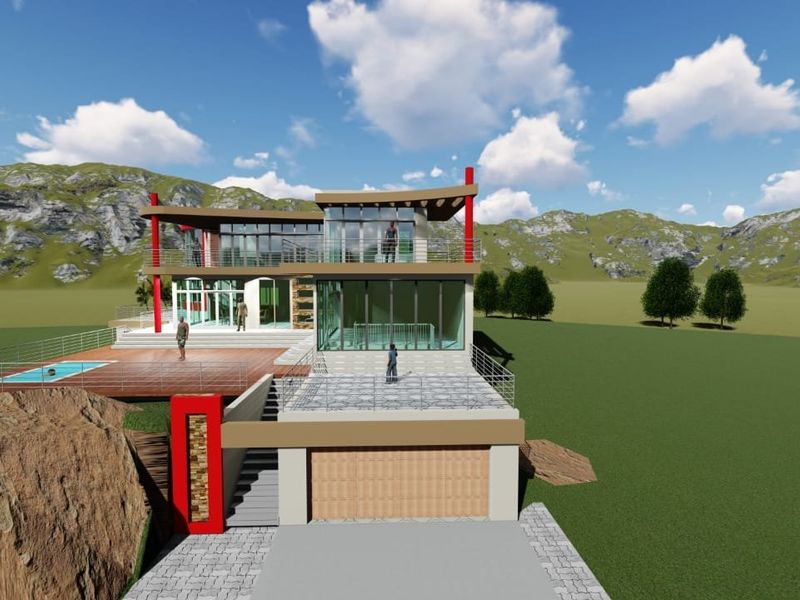 A 3D architectural rendering of a modern multi-level house featuring a swimming pool, expansive decking, and large glass windows set against a mountain landscape.
