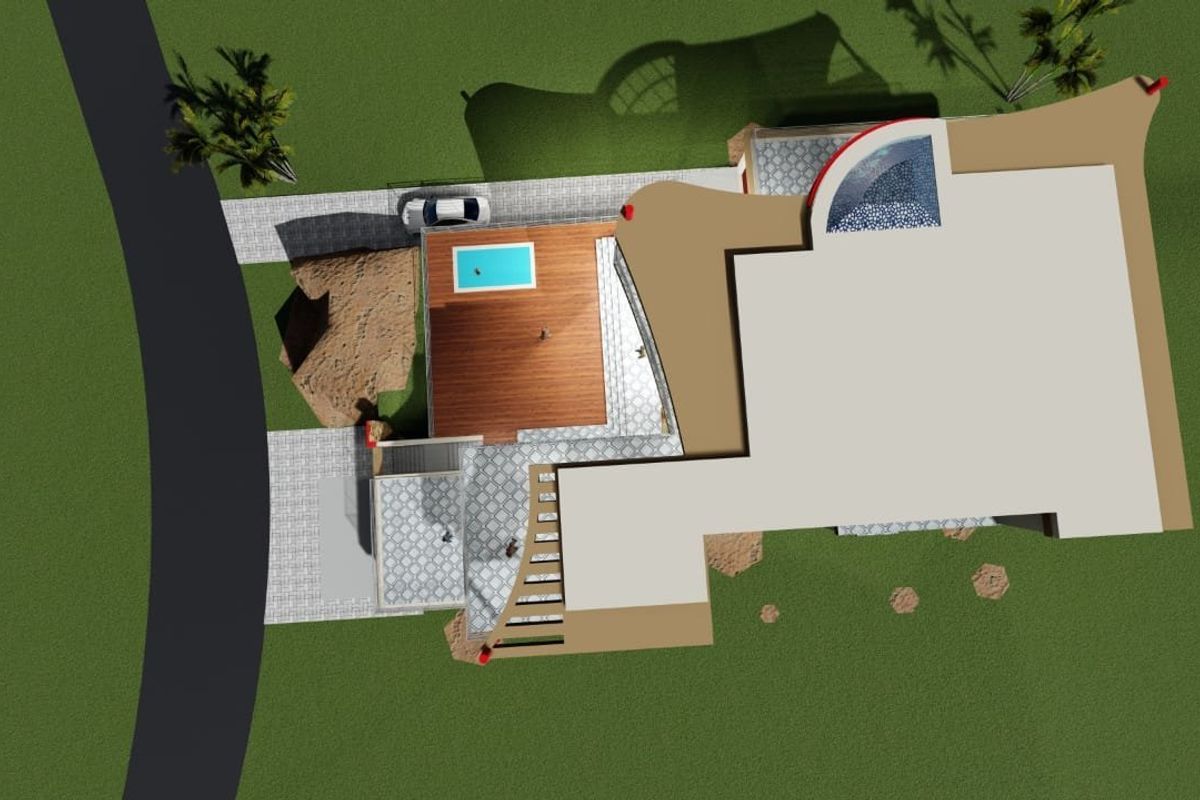 An aerial 3D rendering showing the property layout, including the swimming pool, outdoor decking, and surrounding garden area.