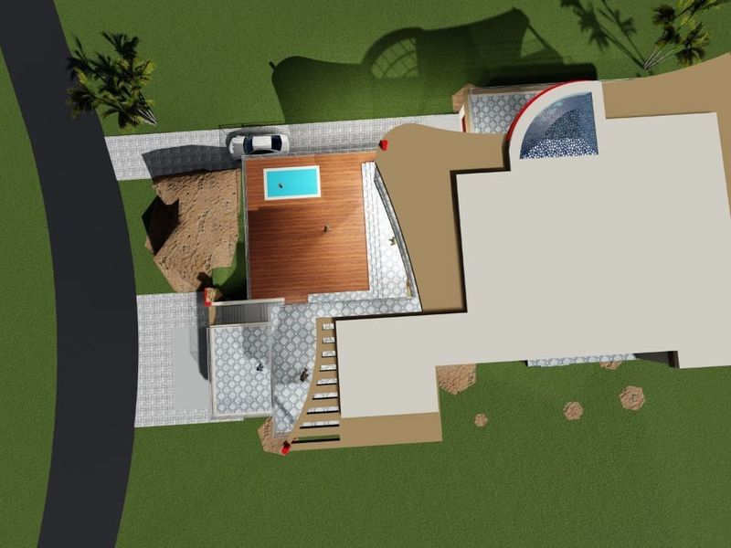An aerial 3D rendering showing the property layout, including the swimming pool, outdoor decking, and surrounding garden area.
