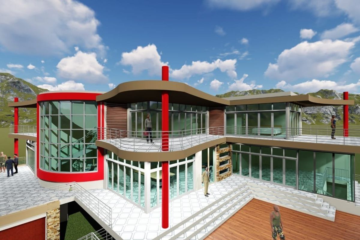 A modern architectural 3D render of a multi-level residence featuring extensive glass facades, spacious balconies, and a combination of tiled and timber decking areas.
