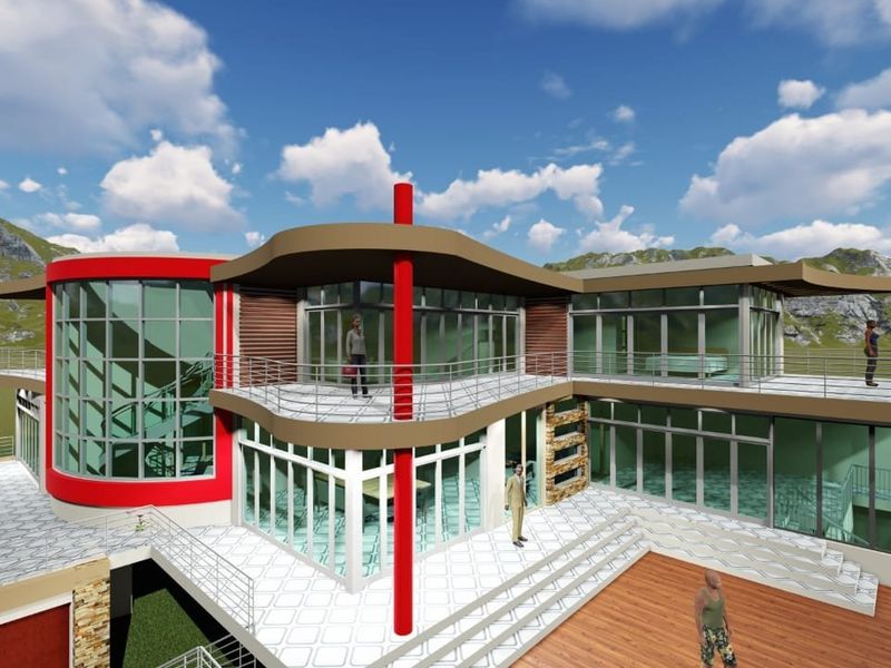 A modern architectural 3D render of a multi-level residence featuring extensive glass facades, spacious balconies, and a combination of tiled and timber decking areas.