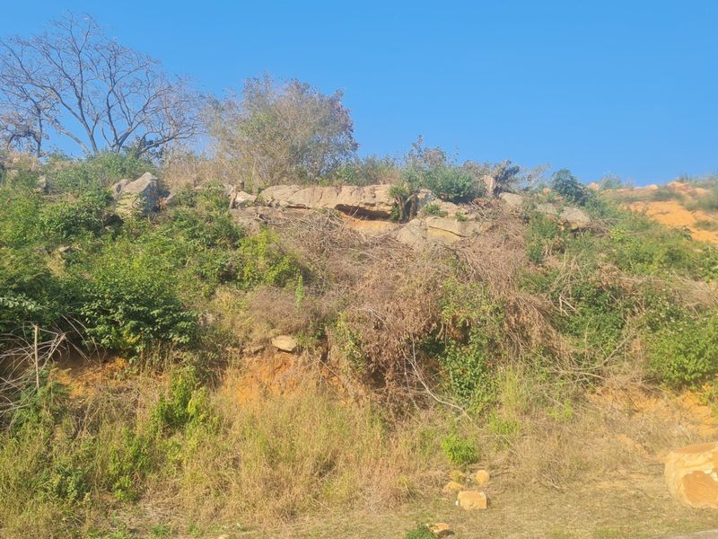 A natural, undeveloped hillside area featuring rocky terrain and native vegetation, suitable for landscaping or site development.