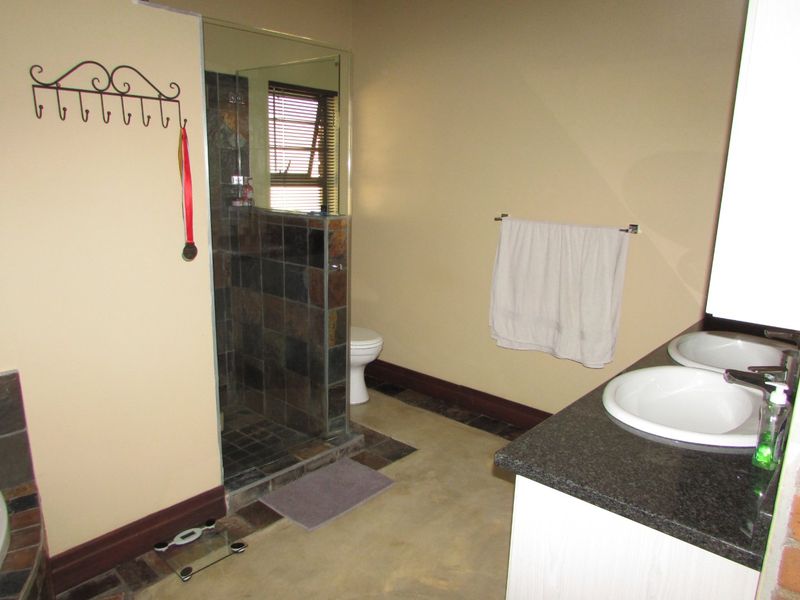 A functional bathroom featuring a double vanity with granite countertops, a walk-in shower with slate tiling, and a separate toilet area.