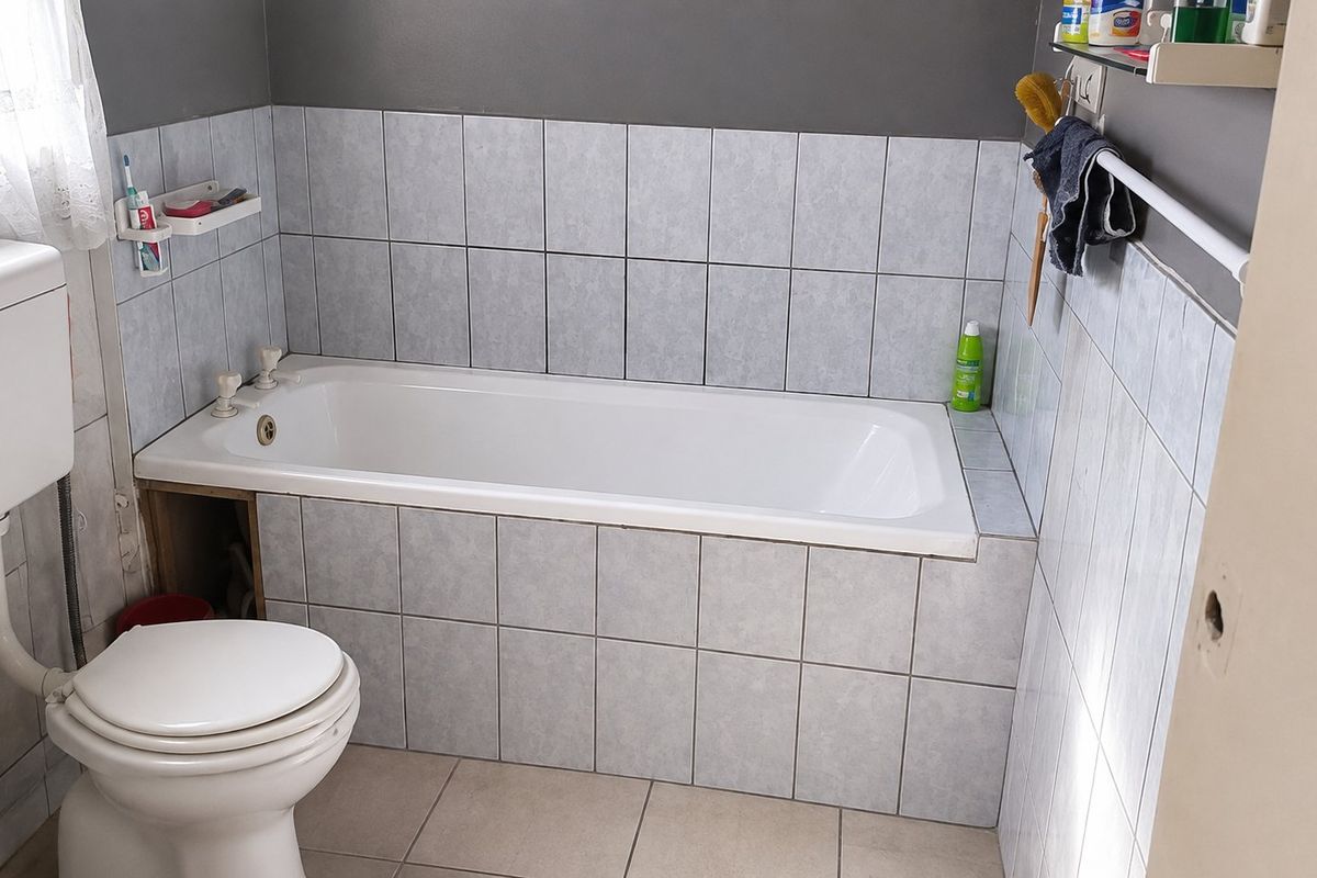 A functional bathroom featuring a built-in bathtub with tiled surround, a standard toilet, and neutral wall and floor tiling.