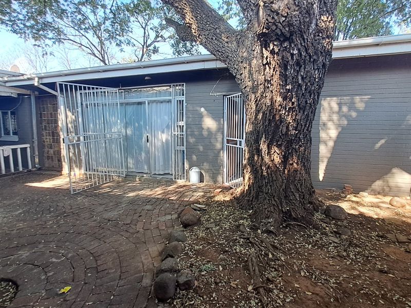 Rear exterior view of the property featuring a paved courtyard area, security gates, and mature tree landscaping against a painted brick facade.