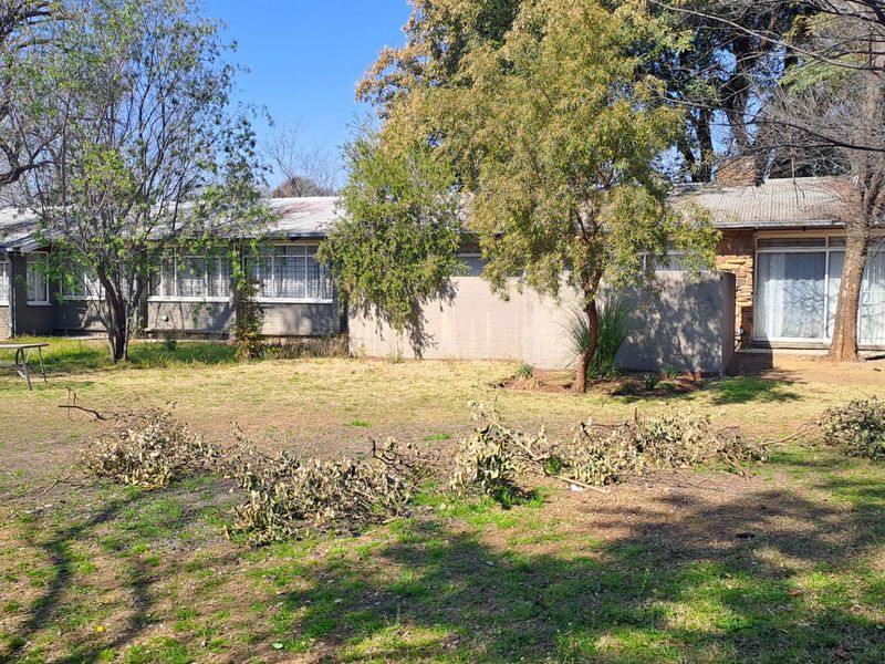 Rear view of a single-story house featuring stone masonry accents, steel-framed windows, and a large garden area requiring maintenance.