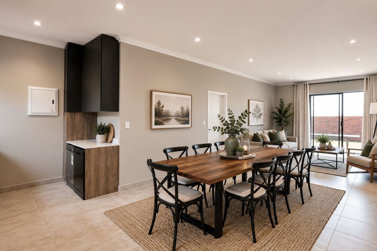 A modern open-plan living and dining area featuring tiled floors, recessed lighting, and seamless access to the outdoor patio through sliding glass doors.