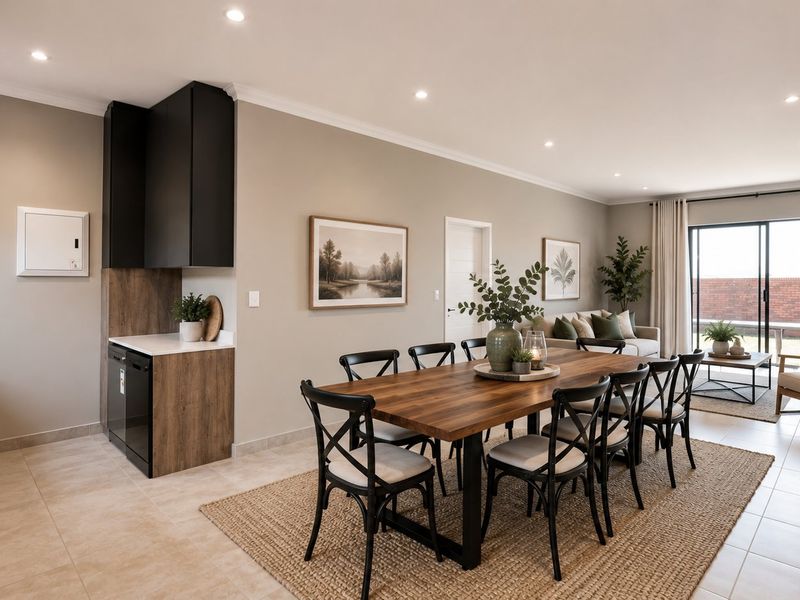 A modern open-plan living and dining area featuring tiled floors, recessed lighting, and seamless access to the outdoor patio through sliding glass doors.